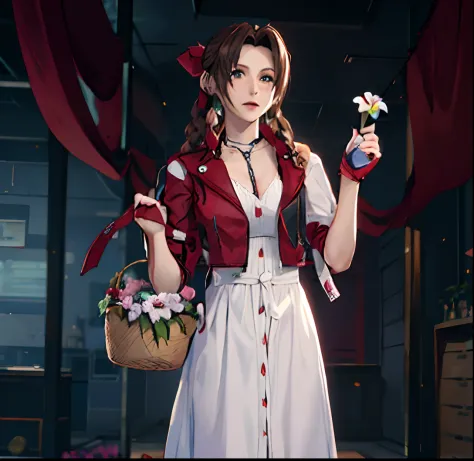 Alafe in a white dress with a basket of flowers, aerith gainsborough, beautiful aerith gainsborough, glamorous aerith portrait, ...