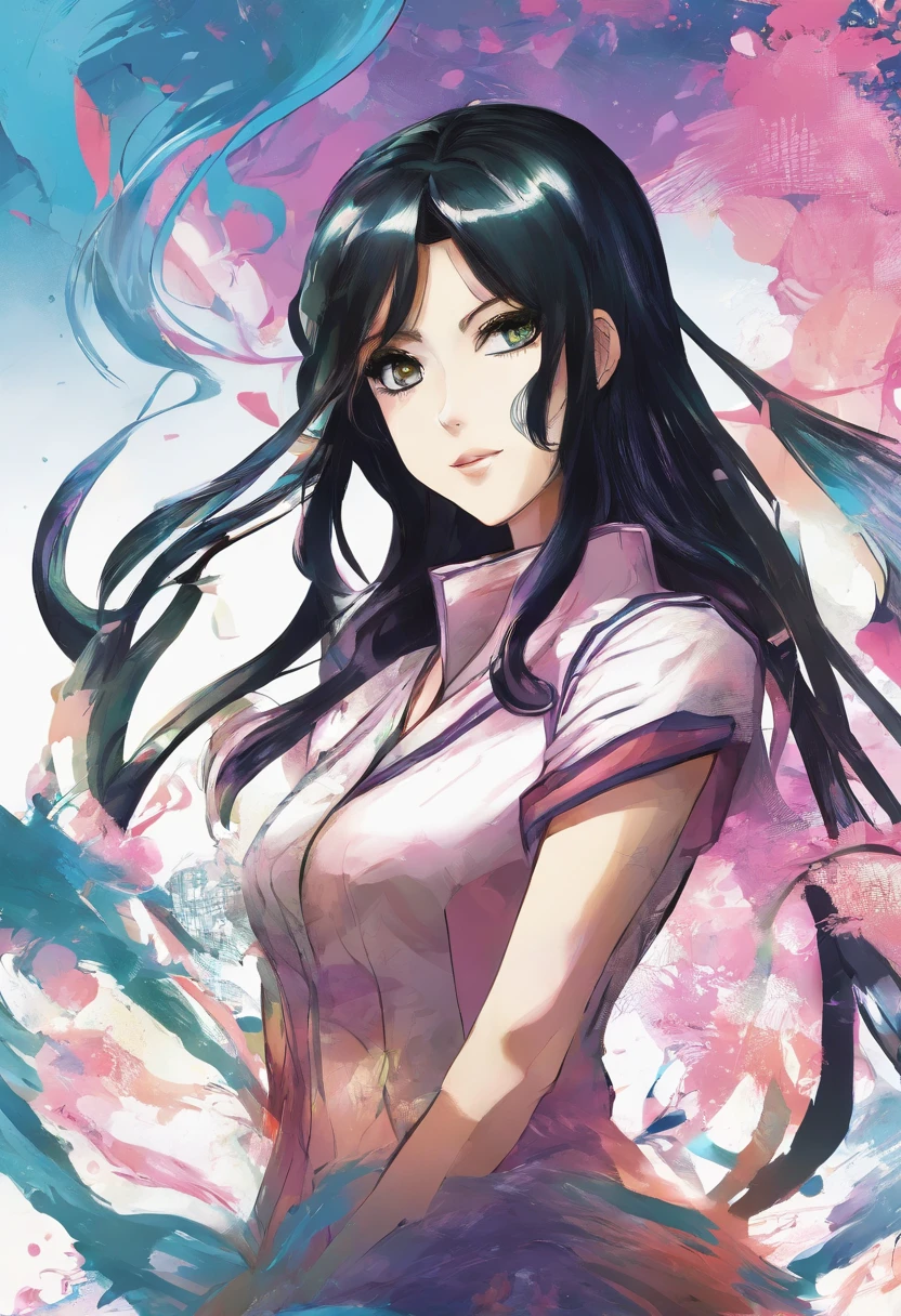 A woman with long black hair and a pink dress standing in front of a blue  sky - SeaArt AI