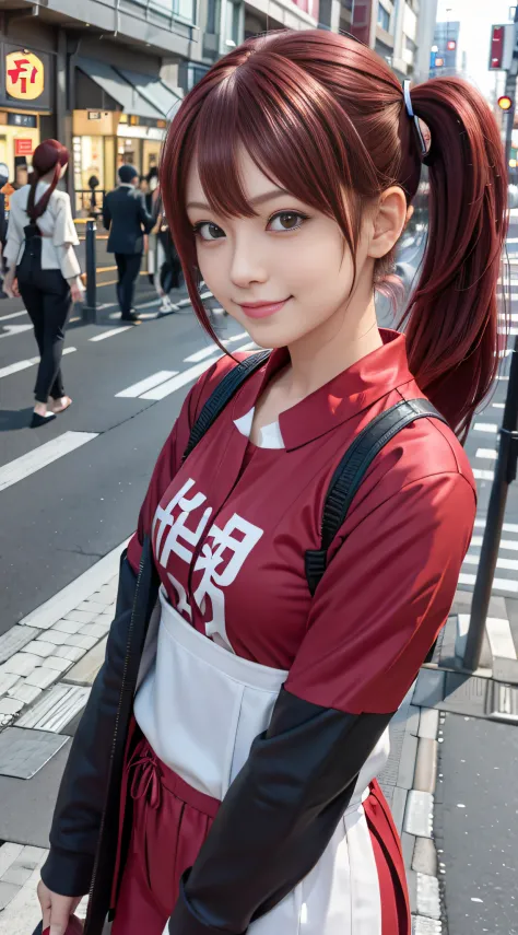 a side ponytail, dark red hair, streets of tokyo, smirking mischievously,