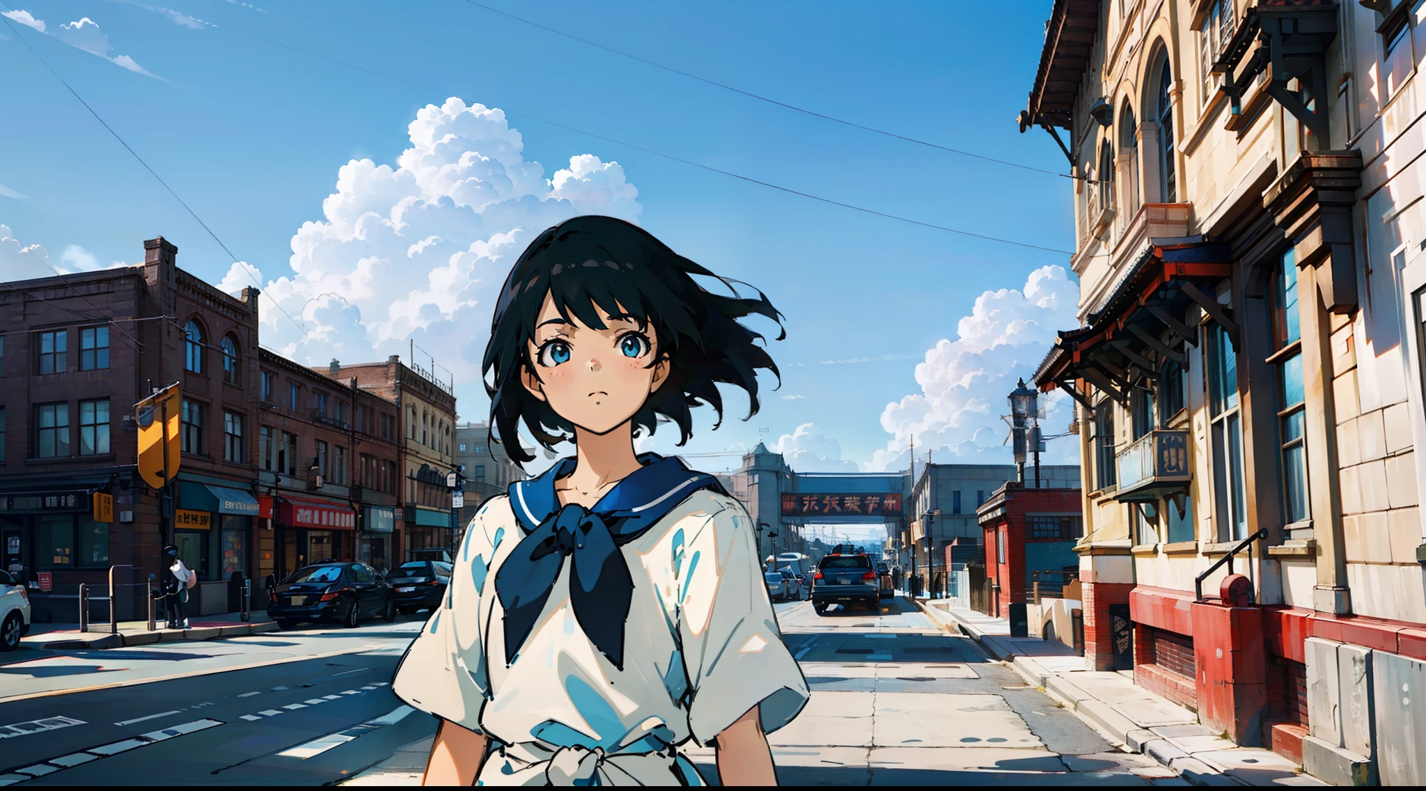 The girl wears a white shirt on her upper body，Short black hair，Realistic lighting，with blue sky and white clouds，clear skies，beauitful face，Delicate makeup，8K，Ultra-clear，High-quality graphics，infinite details，style of anime，A gentle breeze，the street，looks into camera，frontage