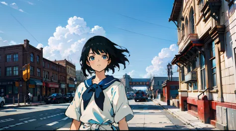 The girl wears a white shirt on her upper body，Short black hair，Realistic lighting，with blue sky and white clouds，clear skies，be...