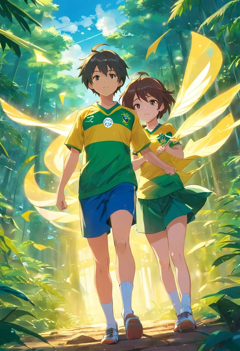 A couple of anime characters walking through a forest - SeaArt AI