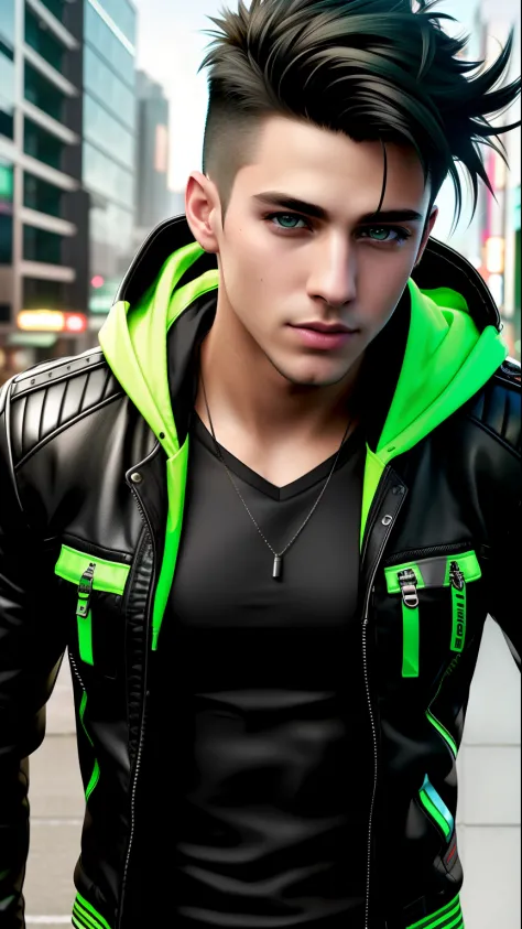 (best quality, highres, ultra-detailed),(realistic:1.37),(photorealistic),
cyberpunk boy on a motorcycle, with a quiff, black hair, green eyes,
extremely detailed, stylish, wearing a hoodie, muscular man