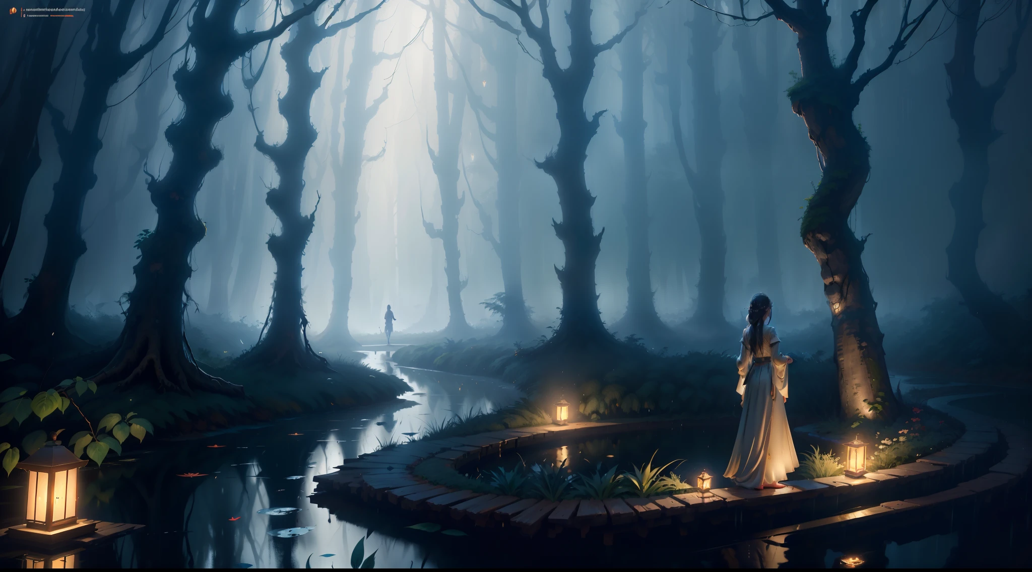 Masterpiece, Best quality, Ultra-detailed, Cinematic Painting,Real rainwater，Tall trees，A tree trunk sticking outward，Fallen leaves，1girll, Snake tail，Pointy ears，Exquisite and classic clothing,gossamer，Barefoot, Wet all over, Walk on the path,Detailed，Lodge，Dark forest，small stream，Flashing light spots，fantasy movie,