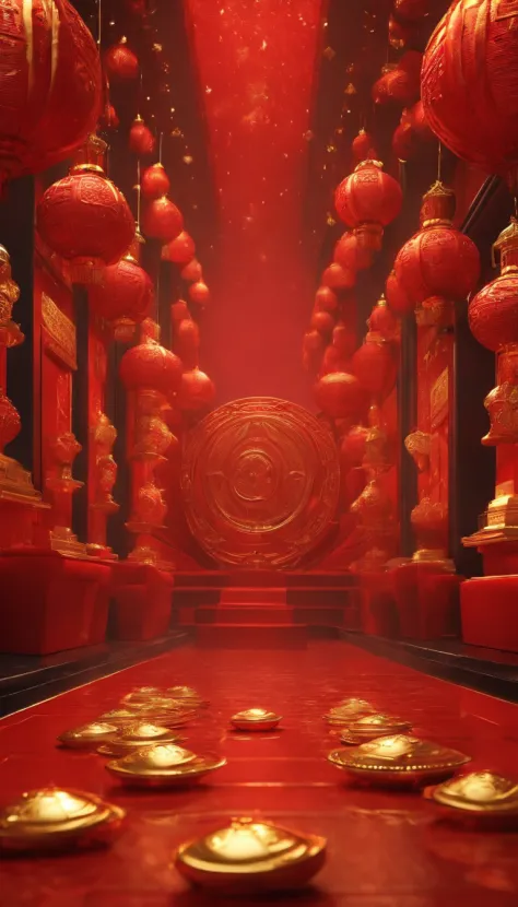 Wealth ，Futuristic，The background is all red envelopes，Red envelope rain，Gold ingots