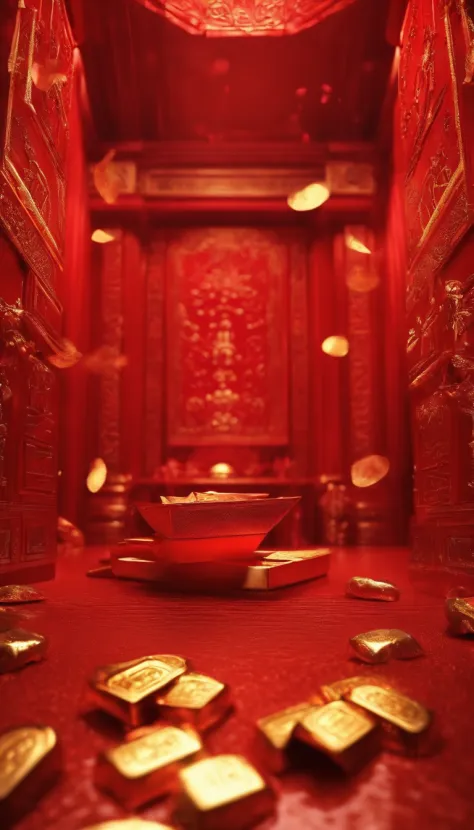 Wealth ，Futuristic，The background is all red envelopes，Red envelope rain，Gold ingots