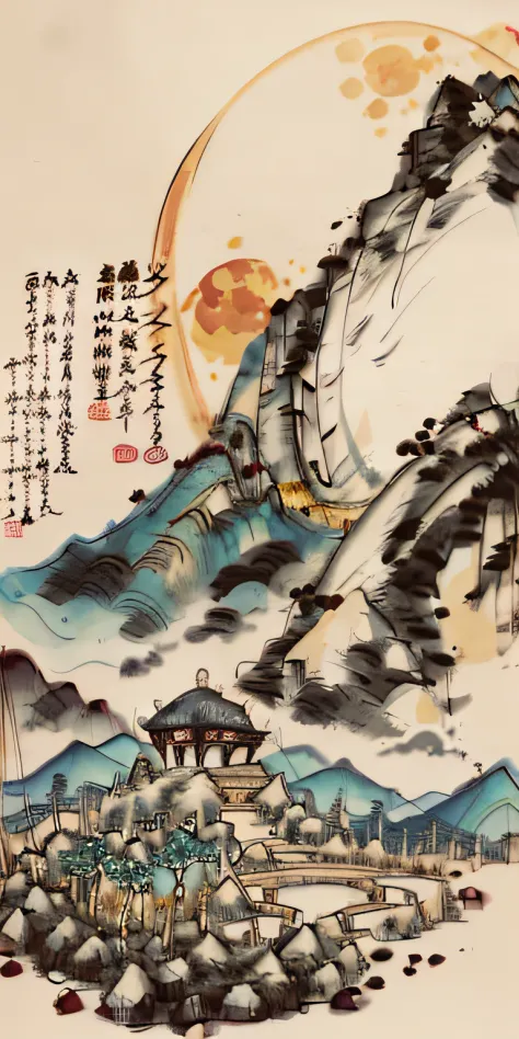 There are characters，themoon，Chang'e，Moon，Bright colors，mid-autumn festival，mountain water，high high quality，mid-autumn festival，themoon，temple，mountain water，Smoke and rain building，landscape，brightly colored，Moon