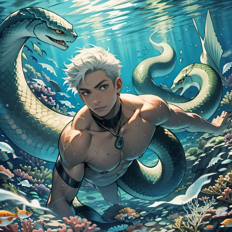 A boy swims at the bottom of the sea，Raised sexy，serpent