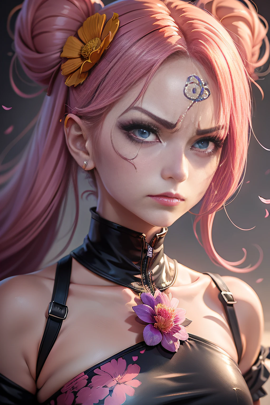 dessin d&#39;une femme avec une fleur sur le visage, style anime, style d&#39;anime jojo, detailed visage d&#39;anime, visage d&#39;anime, Hisoka, highly detailed angry visage d&#39;anime, inspiré des dessins animés, face anime portrait, regard en colère, regard sévère, pretty visage d&#39;anime, La fille de Kasuma, personnage de style anime, anime style portrait, portrait of Hisoka hunter hunter