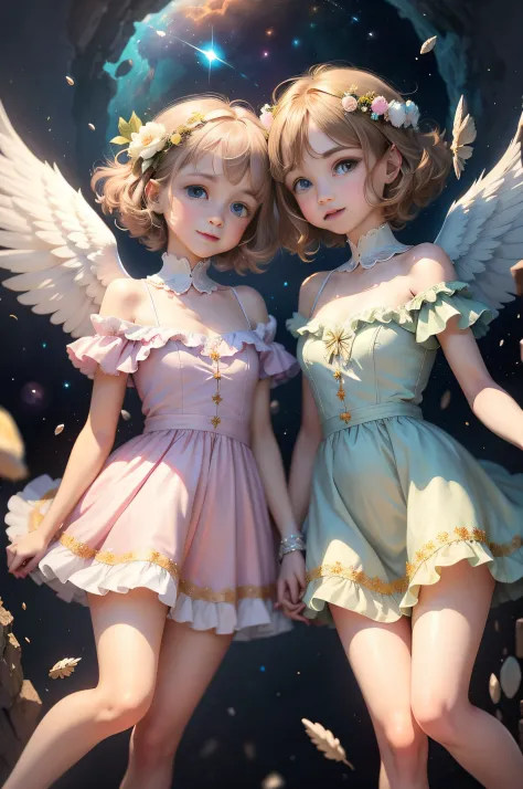 top quality, pastel painting, gentle atmosphere, twin girl angel, cute, white wings, smiling happily, brown short hair of differ...