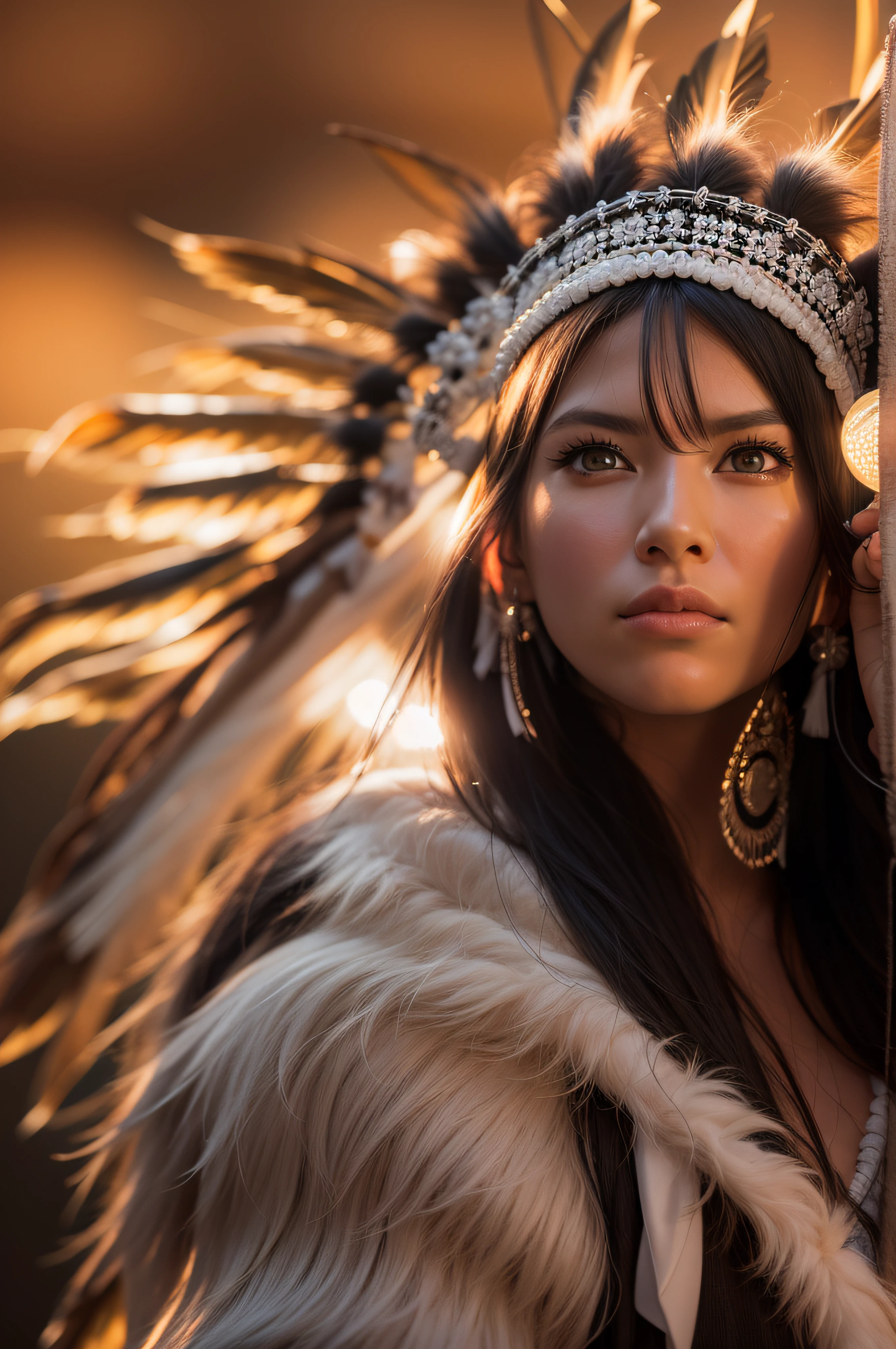 Photograph of native american woman staring at camera, Pay close attention to the detail in her eyes, young woman, attractive woman, beautiful woman, black hair, big headdress, high angle photo, golden hour light, full body shot, 200mm lens, f2. 8, 1/ 2000, very fast shutter, canon r6, Half rear Lighting, Backlight, Natural Lighting, Optical Fiber, moody Lighting, Cinematic Lighting, Soft Lighting, Volumetric, white balance 5700k, 8k px