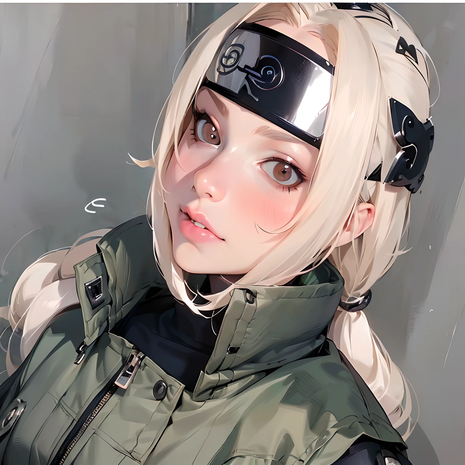 un primer plano de una persona que lleva una diadema y una chaqueta, Inspirado en anime,  cabello blanco perfecto, Chica anime en la vida real., cosplay anime, Tsunade, Naruto, Chica Anime Cosplay, vibraciones de anime, como un personaje de anime, Kerli Koiv como chica anime, Cyborg - con cabello plateado, cosplay profesional, cosplay realista, estilo anime, estilo anime