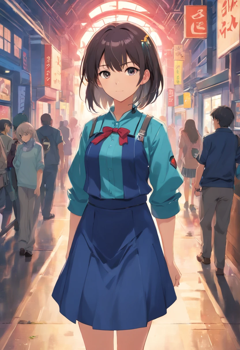 Garota de anime em um vestido azul em pé em uma rua movimentada - SeaArt AI