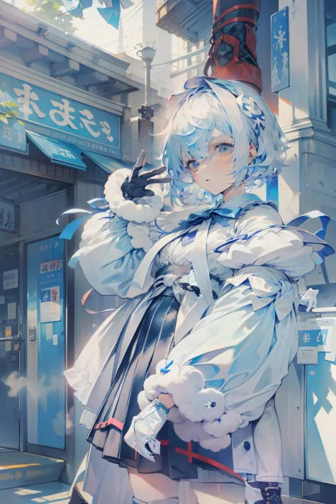 short white hair, white theme, 1girl,solo, looking at vewer, dynamic cute pose, short puffy sleeves,standing, monochrome, blue h...