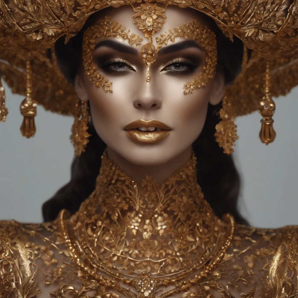 The woman wears gold and gold makeup,The style of the skull pattern,Covered with luxurious jewelry, jewelry, Luxurious, Dark white and dark bronze, Jewelry for painters and sculptors,high detailed,Realistic,hyper intricate details, 8K, cenematic lighting, filmic