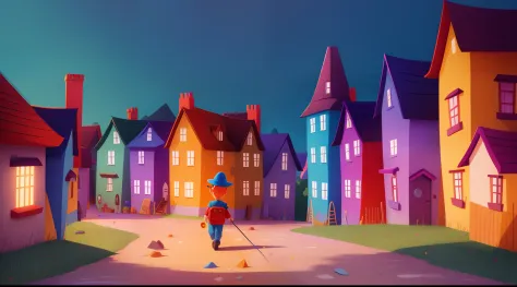 cartoon image, vibrant colors, Determined to solve the mystery, Tommy grabbed his toy detective hat and plastic flashlight. He went out to investigate, walking through the village and talking to the villagers.
