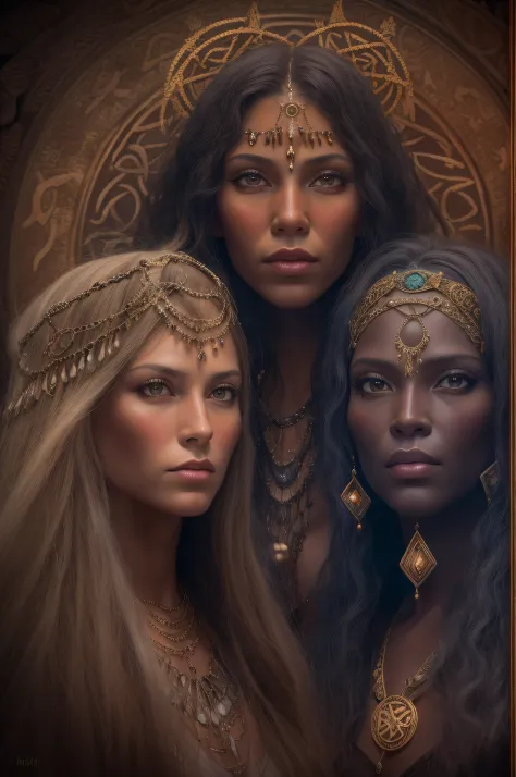 3 witches - goddesses portrait, one from Celtic religion, another one from Africa and the last one from latin America
