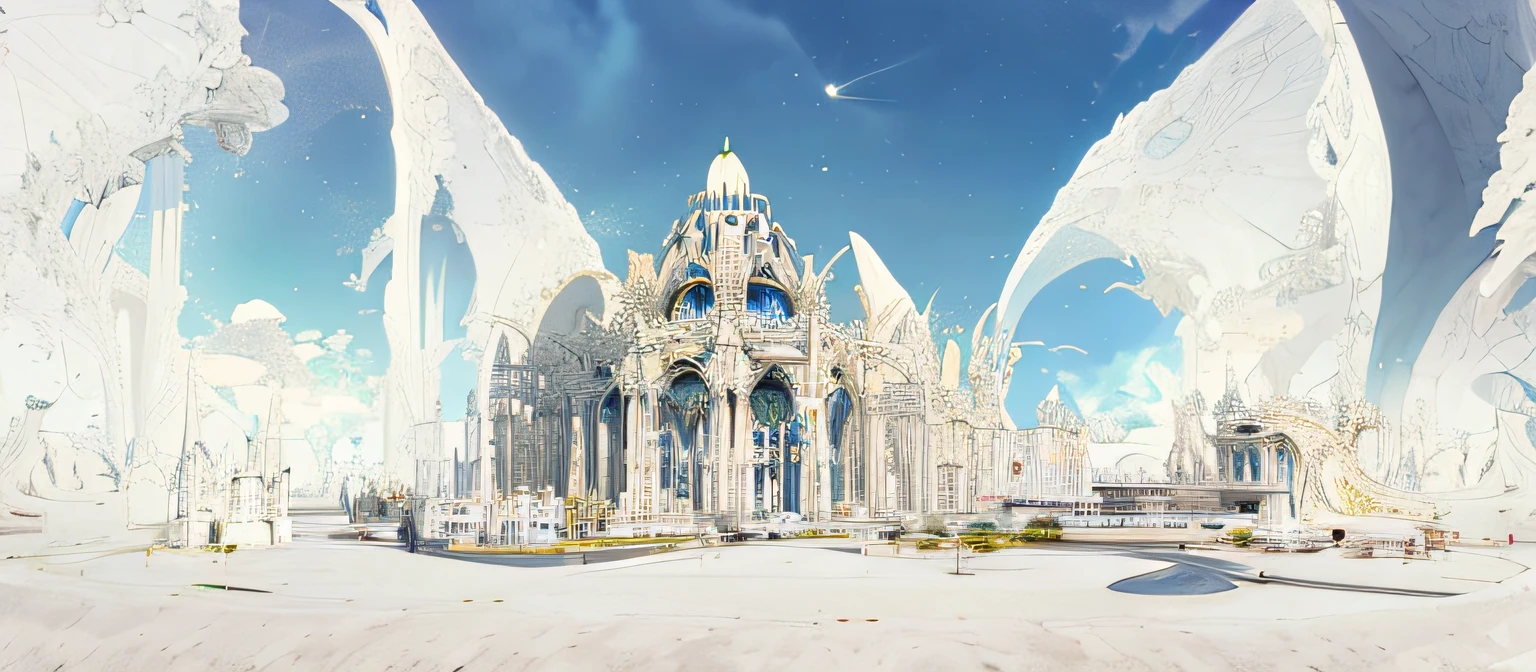 There is a large white building with a clock in front, huge futuristic temple city, Large and structured Valhalla City, futuristic palace, interplanetary cathedral, symmetrical spectacular fantasy art, Fantasy architecture, Elven Palace in Gematar, Ultra-detailed concept art, wide angle fantasy art, Elven architecture, in fantasy sci - fi city, chrome cathedrals