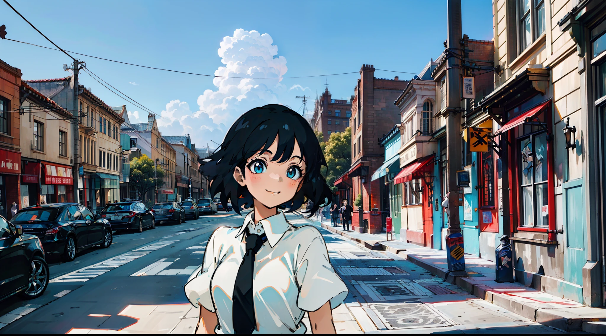 the street，with short black hair，beauitful face，ultra-clear，high qulity，124k，black necktie，Lively and cheerful，and the sun was shining brightly，The girl wears a white shirt on her upper body，Delicate makeup，infinite details，style of anime，Realistic lighting，with blue sky and white clouds