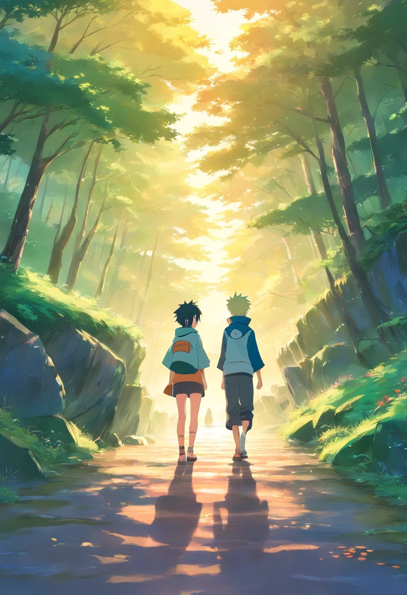 Two people walking down a path in the woods - SeaArt AI