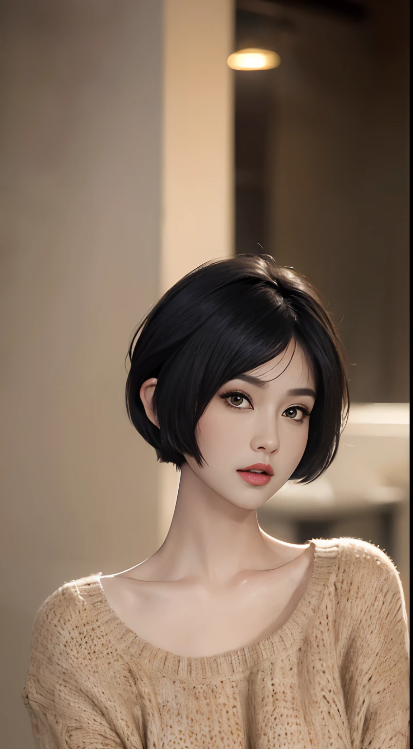 (masterpiece:1.3), (8k, photorealistic, RAW photo, best quality: 1.4), (1girl), beautiful face, (realistic face), (black hair, short hair:1.3), beautiful hairstyle, realistic eyes, beautiful detailed eyes, (realistic skin), beautiful skin, (sweater), absurdres, attractive, ultra high res, ultra realistic, highly detailed, golden ratio