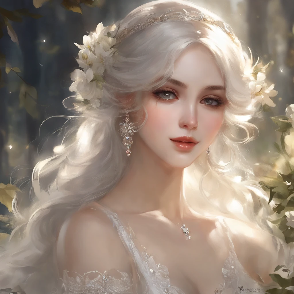 Delicate face on pixiv，Overhead shots，Thick acrylic illustration，by Kawacy，by john singer sargent，A masterpiece，upperbody，princess，one girl，white eyes，grey hair，Fair Skin，beautiful face，God light，White dress，Lots of detail，High best quality，Dregs，depraved，8k，Super meticulous，Latest Pixiv illustrations，dynamic poses，dynamic angles，Gorgeous light and shadow，Transparent，Detail decoration，Detail lineystical，fantasy，Magic，shine，fantasy