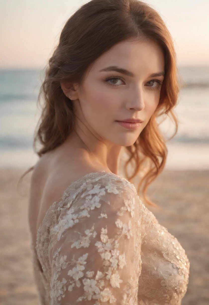 MDNN, (Sharp focus:1.2), Portrait, Attractive young woman, (Beautiful face:1.1), Detailed eyes, lusciouslips, (Eye makeup:1.2), (Tight body:1.2), Wearing (flowery dress:1.2) at (sea beach:1.2). (Morning sun illumination:1.2), Depth of field, Bokeh, 4K, hdr. By (James S. Christensen:1.2|JeremyLipking:1.1).