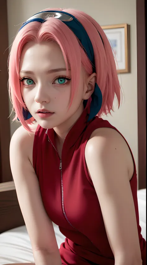 sakuraharuno, sakura haruno, (green eyes:1.5), hairband, short hair, pink hair, (small breast:1.2),
BREAK bare shoulders, black ...