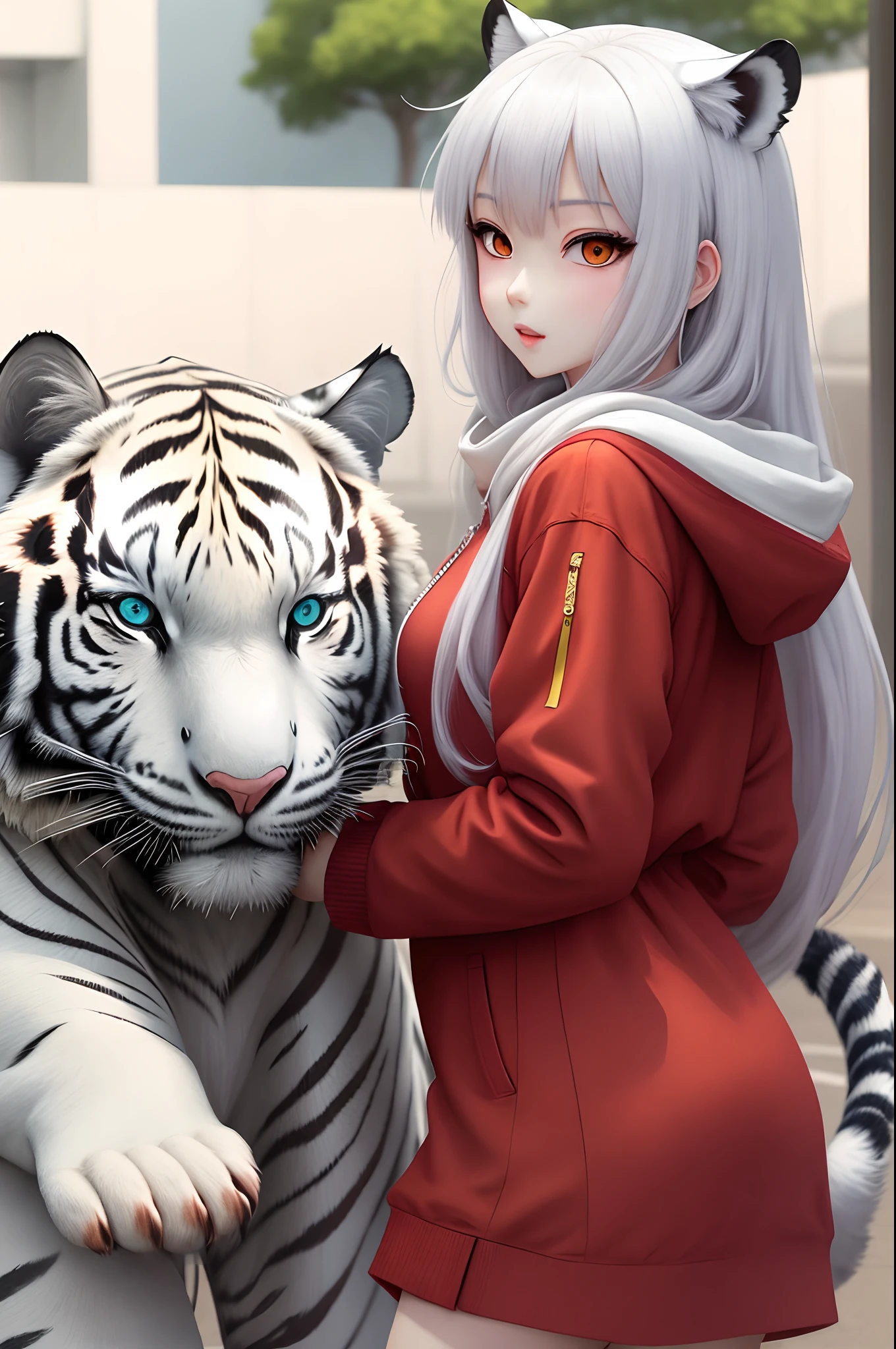 Anime girl with white tiger - SeaArt AI