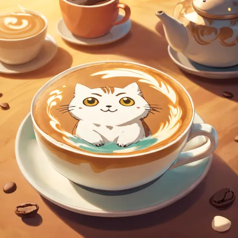 A coffee contains some artistic coffee latte art, in the style of ethereal figures, orient - inspired, avocadopunk, sculpted, kubisi art, avian - themed, carrie mae weems