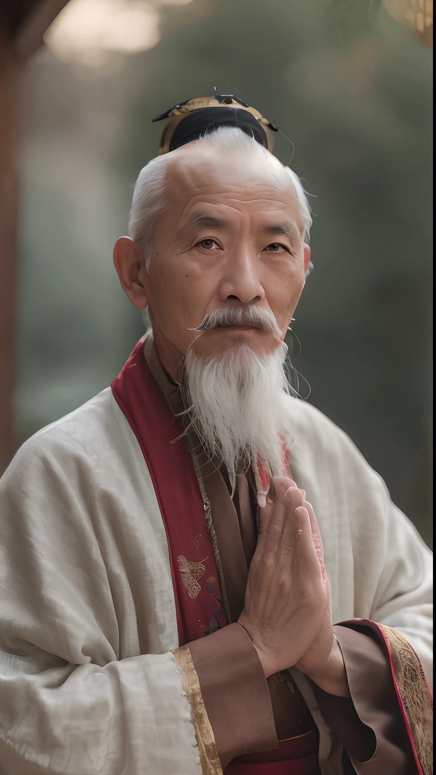 white mustache，Arafard man in red and gold robes, Taoist, Daoism, portrait of monk, Taoist master, An old man, portrait photo of an old man, Wise old man, holy man looking at ground, asian man, Taoist temples and monks, ancient japanese monk, Asian people, photo of a man, portrait shooting