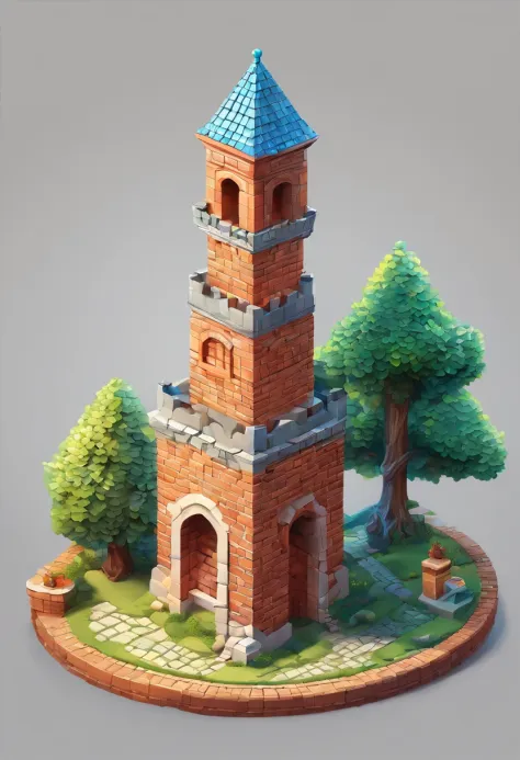 absurderes, Best quality, fantasy, isometry, Kneeling style (Miniature brick round tower:1.2), tree, stone wall, (Simple background:1.2)