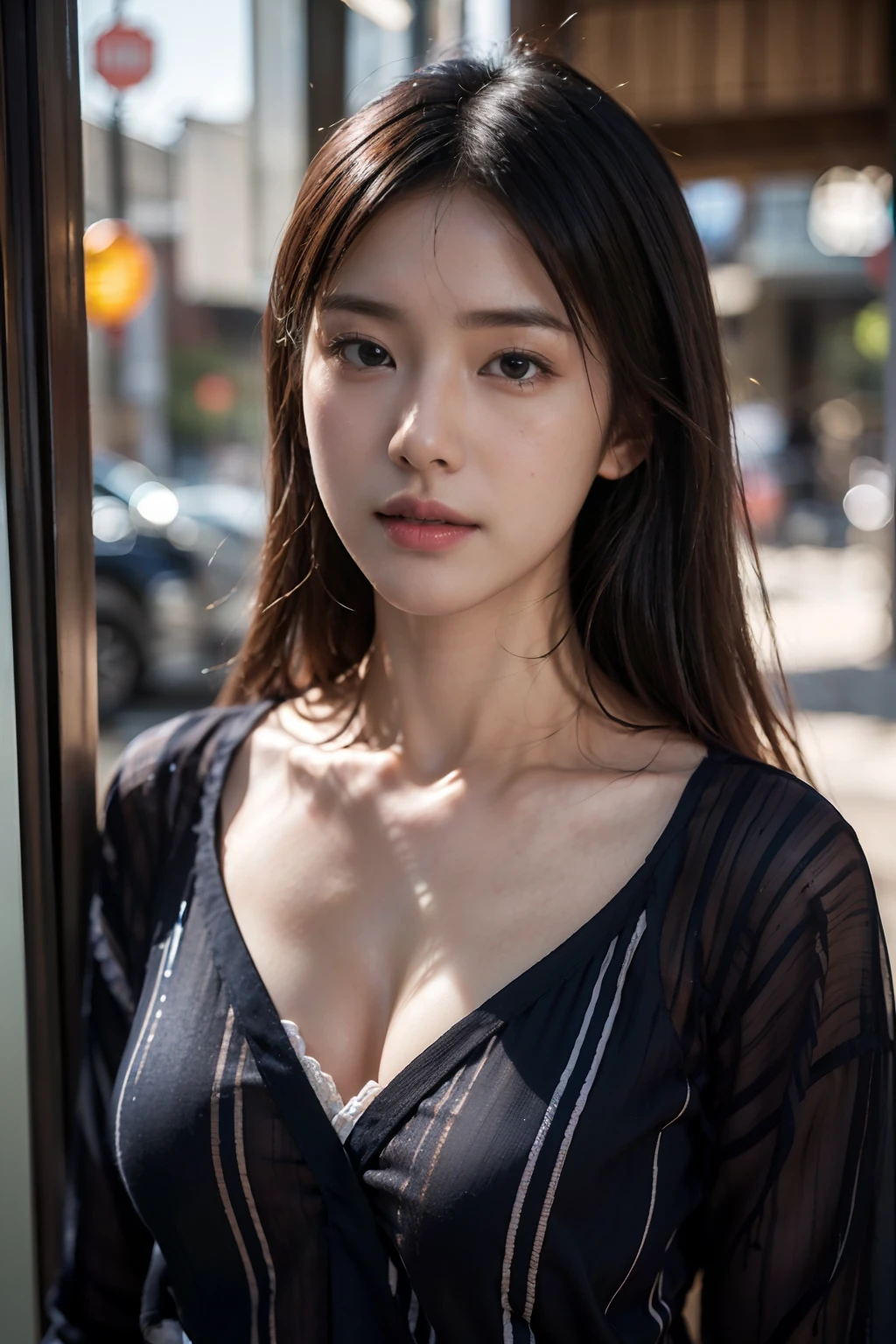 (((photorealistic))), ((realistic)), (ultra high definition), best quality, masterpiece, ray tracing, ((one japanese female)), ((super fine face)), (closed mouth), small breasts, ((striped shirt)), bra, front view, upper body, (business district)