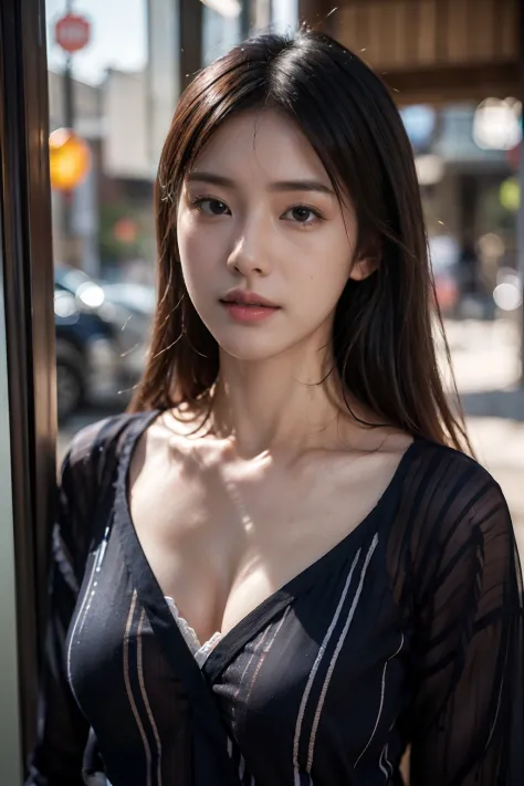 (((photorealistic))), ((realistic)), (ultra high definition), best quality, masterpiece, ray tracing, ((one japanese female)), ((super fine face)), (closed mouth), small breasts, ((striped shirt)), bra, front view, upper body, (business district)