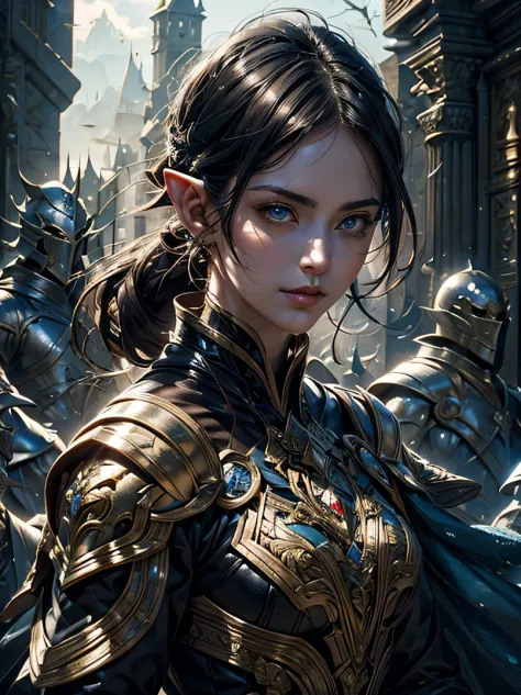 （（top-quality、Ultra-detailed、Cinematic lighting、Unique lighting effects、face lights、FULL BODYSHOT、battle posture、dynamic motion））、Beautiful 30 year old female elf portrait environment with intricate details、Elegant person、Graceful aura、Elaborate patterns t...