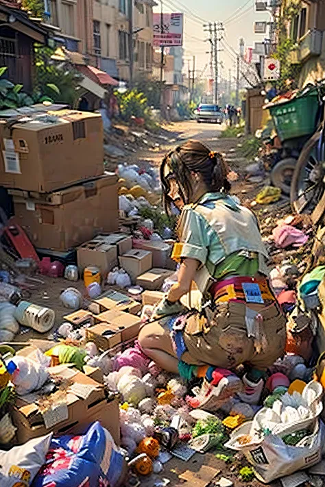 A girl by the garbage heap，The body is dirty，Bend down to collect the boxes on the floor，Diagonal rear view