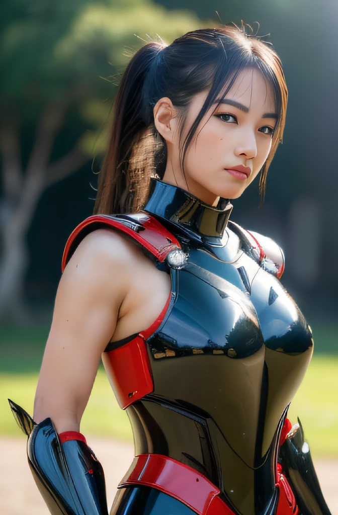(masterpiece, top-quality:1.3), (Ultra detailed 8K cg:1.2), (hyper realisitic:1.35), (Photorealistic:1.45), (Realistic:1.4), 1 beautiful Japanese girl, fair skin, shiny skin, (ponytail:1.1), (Tanned skin:1.3), (gal make:1.2), black gal, ((Japan red and black armor)), ((Japan ebony armor)), dynamic lighting, (dynamic pose:1.2), (cowboy shot),