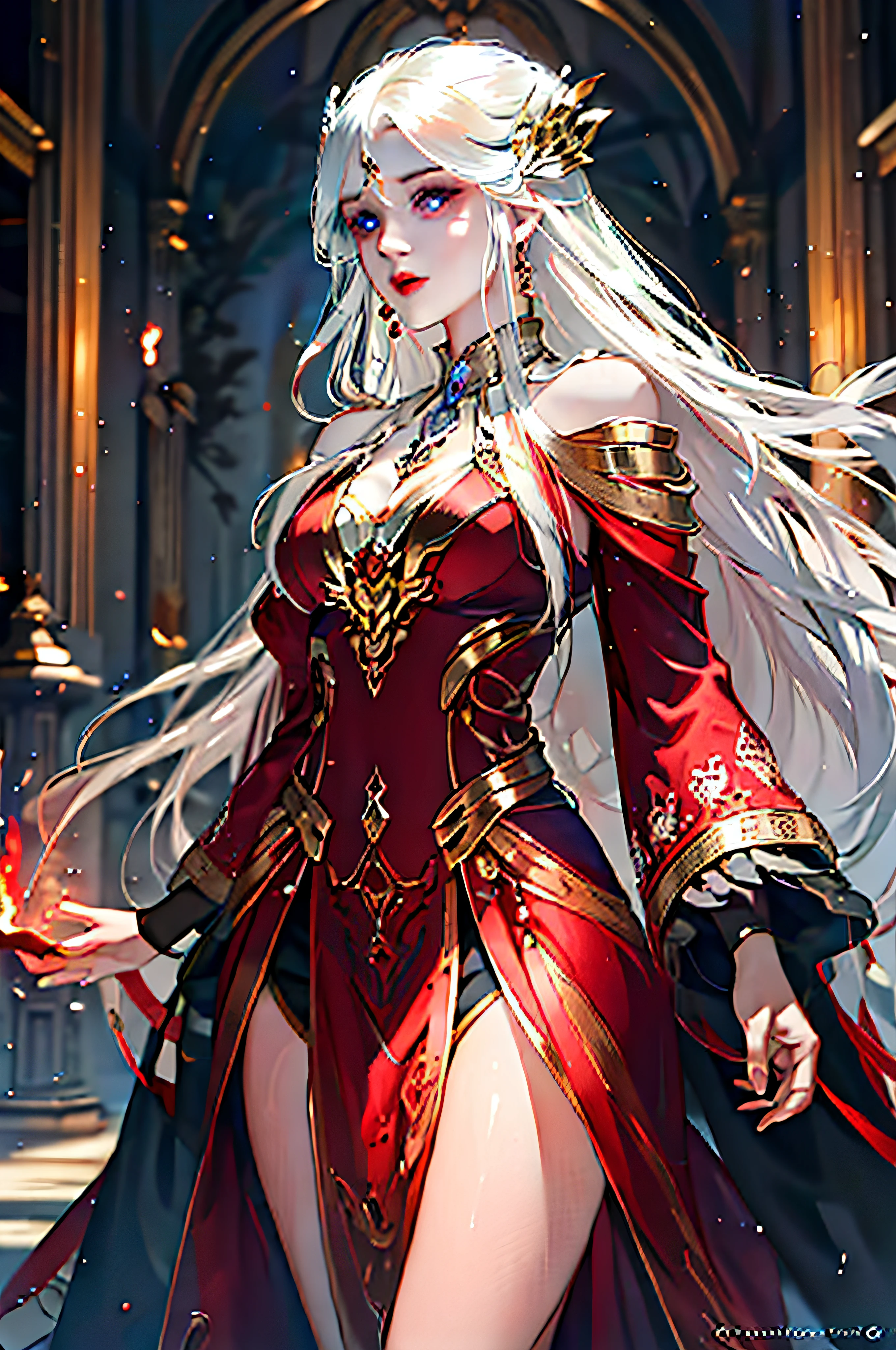 Two-dimensional image quality，Ancient wind，a matural female，White hair, Red and blue pupils，Long hair shawl，She wore a noble red and gold dress，Ice and fire surrounded her sides