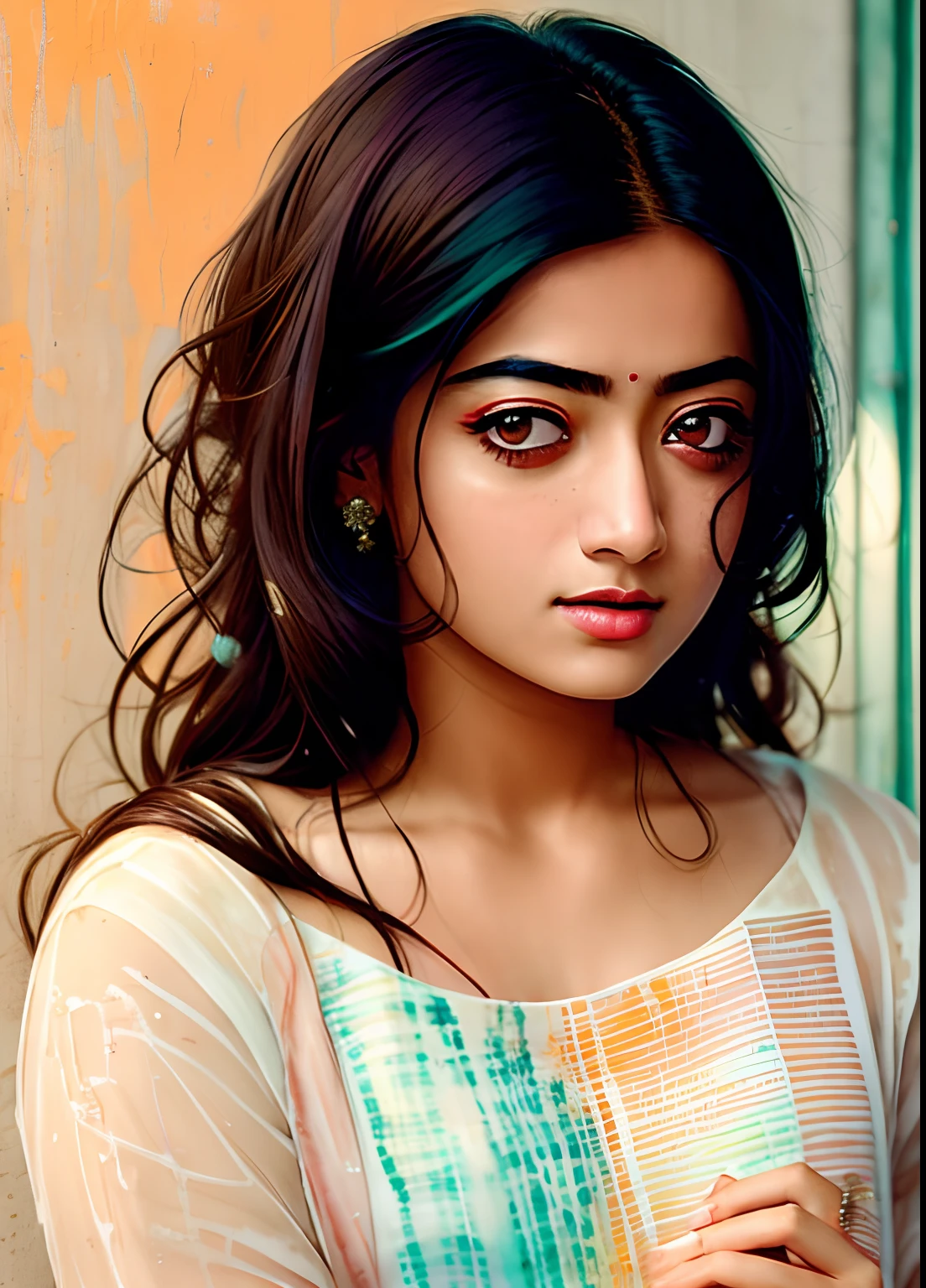 {{fofo Rashmika}}, uma mulher de Agnes Cecile, design luminoso, cores pastel, gotas de tinta, luzes de outono