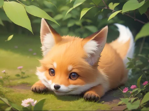 (Best quality), (masterpiece:1.3), (photorealistic:1.36), (realistic), ultra-detailed, Japanese Anime Style, Moe, 1fox, chibi, Tiny, a fox wearing kimono clothing, red eyes, the twilight, Lateral, looking at viewer, Rolling around on the bush,