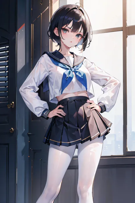 (((masterpiece, best quality))), 1girl, sailor suit, skirt, black hair, disheveled hair, mature, white pantyhose, shiny pantyhose, shiny skin, best lighting, best shadows, absurdres, standing, hands on hips, angry expression, very cute,