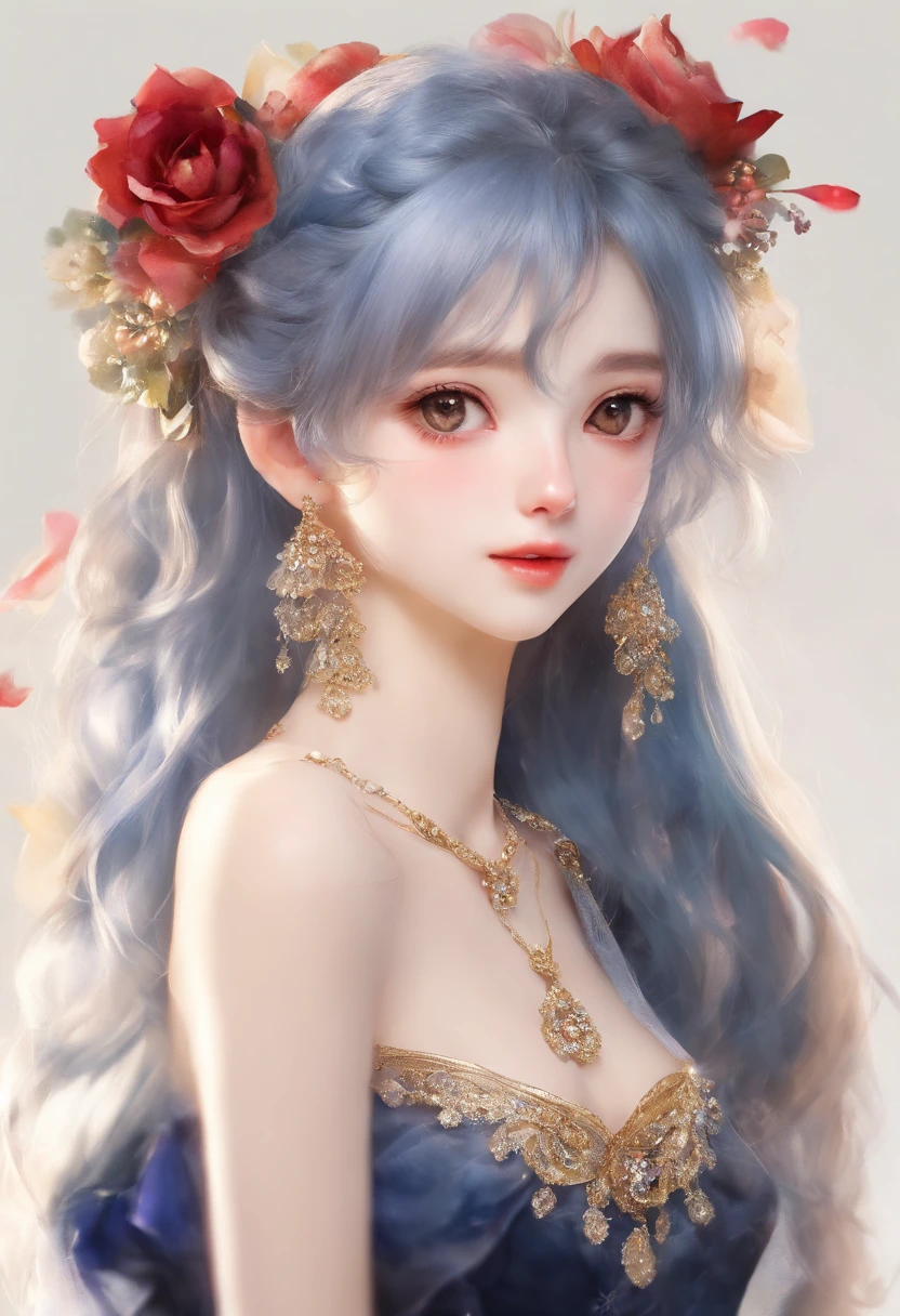 realisticity: 1.2)), ((realistic: 8K UHD)), ((best resolution: 8K UHD)), hyper detailed, best quality,masterpiece,highres,cg, ((1 girl hyper detailed and hyper realistic) ) , ((beautiful queen, hyper realistic and hyper detailed)),((white skin, beautiful, smooth, youthful, hyper realistic and hyper detailed )), ((Face hyper beautiful, white, hyper realistic and hyper detailed ) ), long hair, ((hyper realistic and hyper detailed dress)), solo, ((hyper realistic, hyper beautiful, beautiful and hyper detailed jewelry)), ((hyper beautiful deep red and golden yellow dress, hyper realistic and hyper detailed )) , ((Her pretty, hyper realistic, hyper detailed diamond filled earrings)), ((Her gorgeous diamond haircut, hyper realistic and hyper detailed)), ((hyper pretty upper body, hyper beautiful, hyper realistic and hyper detailed) ), ((medium breast: 1.1)), ((hyper realistic, hyper pretty, hyper detailed boobs)), ((the backgroun of the royal palace is hyper majestic, hyper realistic and hyper detailed)),((hands and palms hyper beautiful, hyper detailed, hyper realistic)), ((hyper detailed and hyper realistic fingers and fingernails)), ((hyper pretty fingernails, hyper vivid, hyper detailed, hyper realistic)), ((thumb, index finger, middle finger, ring finger, little finger hyper vivid, hyper pretty, hyper detailed, hyper realistic)), ((hyper beautiful fingers, hyper detailed, and hyper realistic)), ((posture not too fat and not too thin, hyper realistic, hyper detail)), ((hyper pretty, hyper pretty, hyper realistic and hyper detailed hair bun)), ((hyper pretty , hyper realistic and hyper detailed blue hair)), candid, Photo, high resolution, 8k , bokeh,