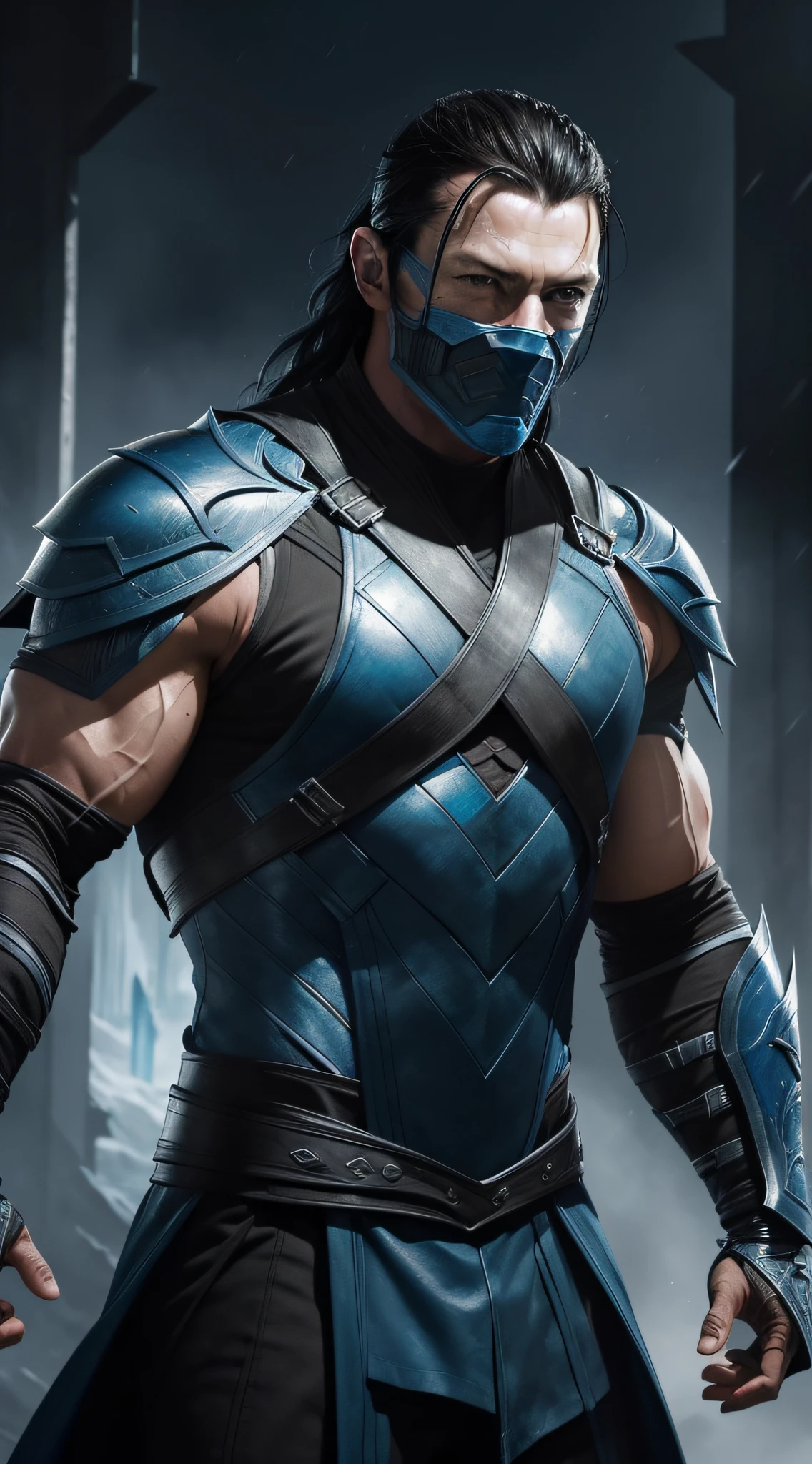 a photo of ((Luke Evans)) as Sub-Zero from Mortal Kombat, short hair, blue and black ninja outfit, ninja mask, (ice), cold, Intricate, High Detail, Sharp focus, dramatic, photorealistic painting art by greg rutkowski