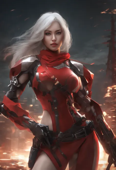 (Female Ninja Cruel Mecha: 1.3, Full body cover mechanism, Heavy AWP on the back, Digital SLR, light tracing, 。.3D, Concept art, action painting, Film Lighting, Chiaroscuro) :(1.3). Emphasize the curve of the chest, Long white ponytail hair looks graceful ...