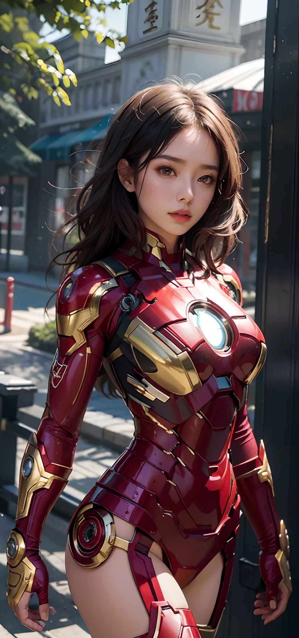 A woman in a sexy iron man suit posing for a picture - SeaArt AI