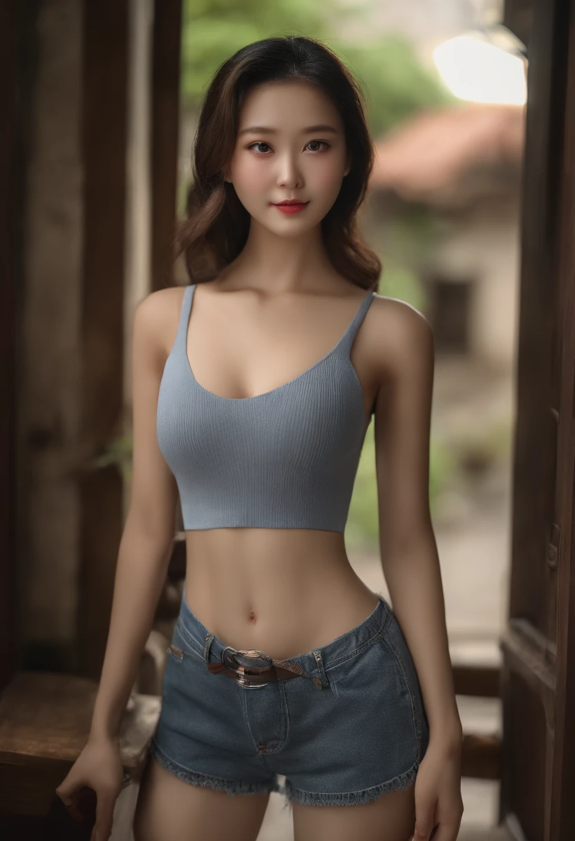 A woman in a blue top and denim shorts posing for a picture - SeaArt AI