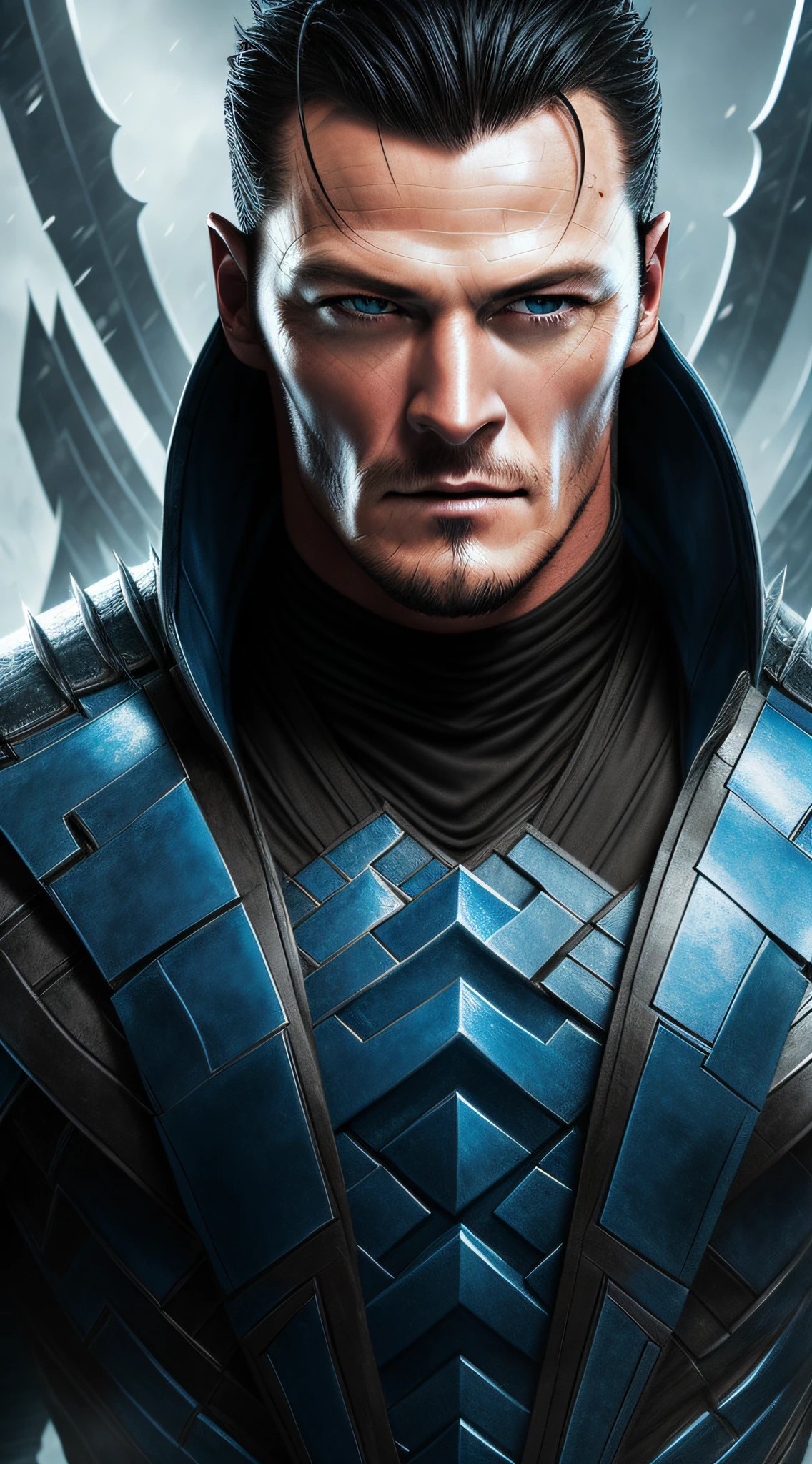 a photo of ((Luke Evans)) as Sub-Zero from Mortal Kombat, short hair, blue and black ninja outfit, ninja mask, (ice), cold, Intricate, High Detail, Sharp focus, dramatic, photorealistic painting art by greg rutkowski