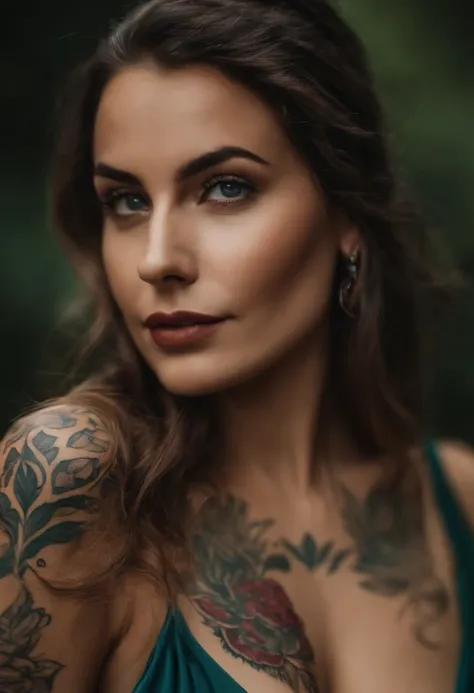 A woman with tattoos on her arms and arms is looking at the camera - SeaArt  AI