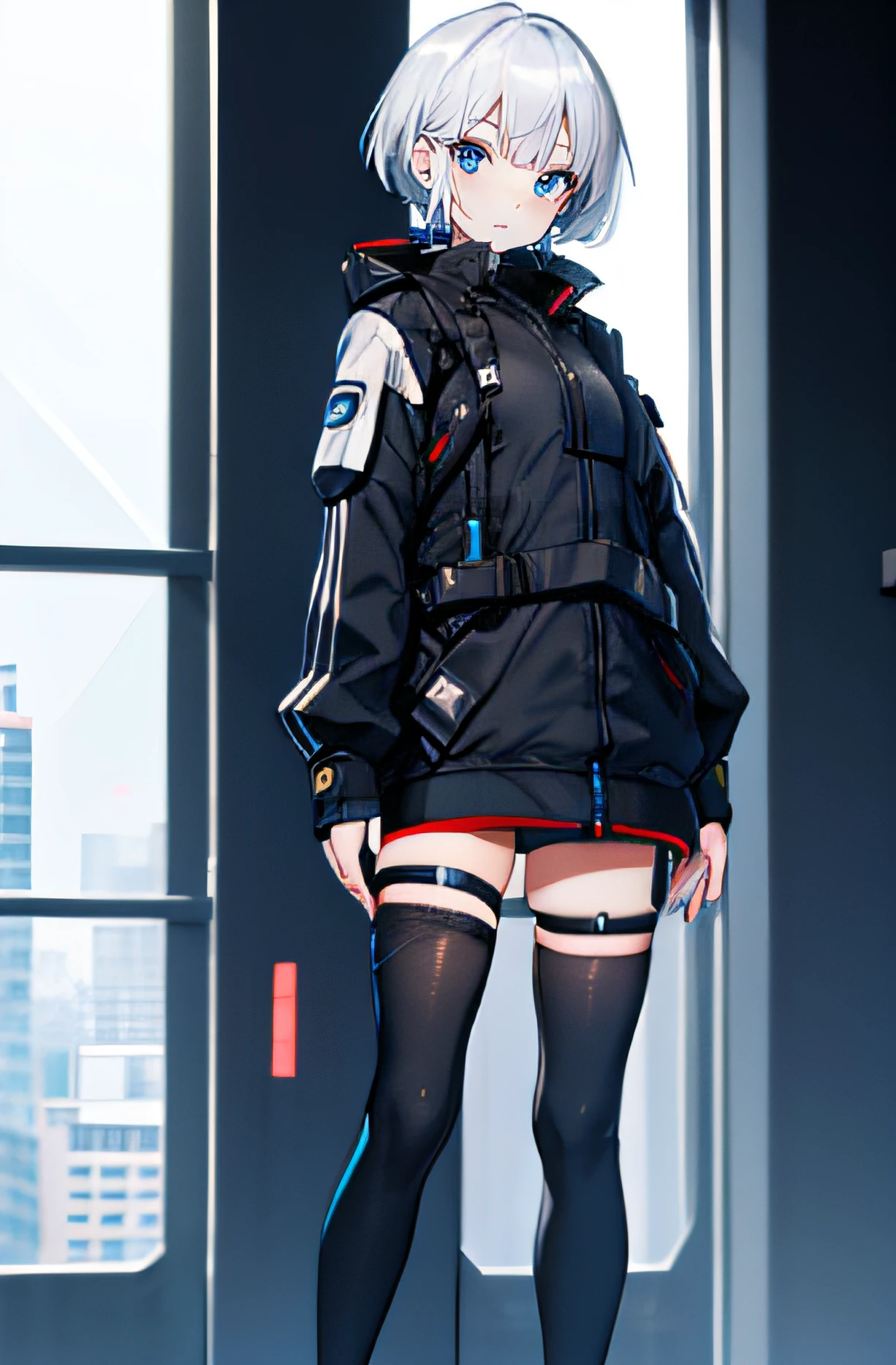 Anime girl in black jacket and thigh high stockings standing in front of a  window - SeaArt AI