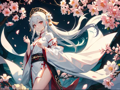 A young girl wearing an ancient Chinese robe with a white shawl，Peach blossoms bloom，beauitful face，Delicate makeup，shining brightly，Long black hair，Bright eyes，8k，ultra-clear，infinite details，style of anime，High-quality graphics，looking at the distance，Sl...